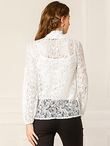 Allegra K Women's Lace Long Sleeve Tops Ruffle Neck Elegant Floral Blouses Medium White #TOP4