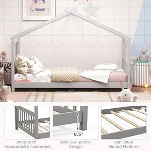 KOMFOTT Twin Wood House Bed for Kids, Low Profile Floor Bed Frame with Roof, Headboard & Footboard, Tent Bed for Toddlers, Boys & Girls, Wood Montessori Bed, No Box Spring Needed (Grey) KOMFOTT Twin Wood House Bed for Kids Low Profile Floor Bed Frame with Roof Headboard Footboard Tent Bed for Toddlers Boys Girls Wood Montessori Bed No Box Spring Needed Grey