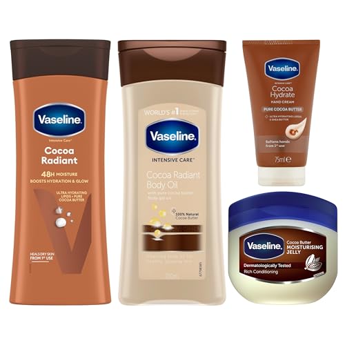 Vaseline Cocoa Radiant Glow Bundle: Body Lotion, Body Oil, Hand Cream, and Moisturising Petroleum Jelly for Ultimate Hydration & Radiance, Revitalizing Dry and Dull Skin