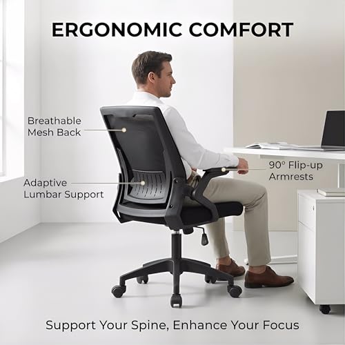 Ergonomic Mid Back Office Chair 300 LBS Capacity Mesh Small Desk Chair Swivel Comfortable Gaming Chair Adjustable 4cm Sliding Flip-Up Armrests for Long Hours Home Office Use,Black image 6