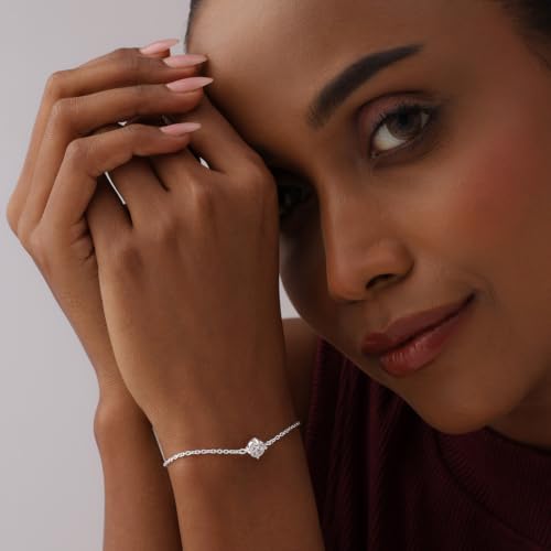 Image of TRUESILVER ACPL 925 Sterling Silver Solitaire Bracelet for Women | Round CZ Stone Link Chain Bracelet | Adjustable Elegant Bracelet for Women 8 Inches