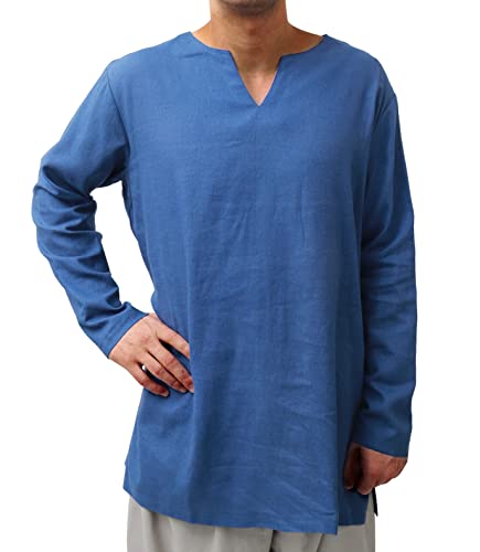 PROCOS Mens Medieval Undershirts Retro Linen Tunic Long Sleeve Shirts Reenactment (as1, Alpha, x_l, Regular, Regular, Blue)