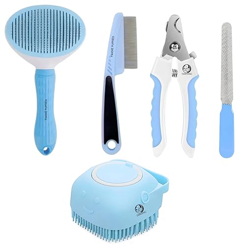 Foodie Puppies 4-in-1 Pet Grooming Kit for Dogs & Cats – Oval Slicker Brush, Flea Comb, Silicone Bath Brush, Nail Clipper & Filer | Self-Cleaning Tools for Hair Removal and Grooming (Color May Vary)