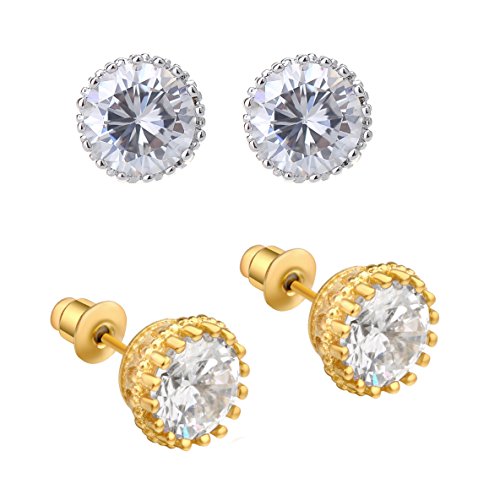 2 Pairs Clear Round Cubic Zirconia 18k Gold Plated Stud Earrings for women girls