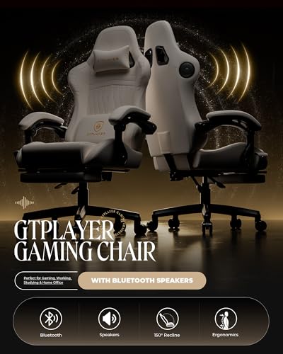 Image of GTPLAYER Gaming Chair for Adults, Ergonomic Computer Game Chairs with Speakers, Footrest & Linkage Armrest, Reclining High Back Silla Gamer for Home Office, Ace Pro, Off-White
