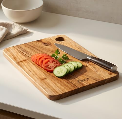 Image of Classyo Wooden Cutting Board for Kitchen, Wooden Chopping Board Wood, Made with Natural Acacia Wood for Vegetables, Fruits & Cheese Cutting, Reversible (Medium, 13 x 8 x 0.5 inch)