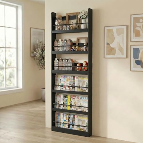 holzart 6-Tier Wall Mounted Bookshelf 75.4 Tall Behind the Door Storage Shelf Slim Narrow Display Rack with Guardrails for Magazines Books & Collectibles Black Wall Shelf for Office Living Room