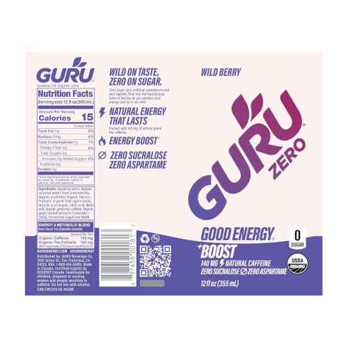 Image of GURU Zero Sugar Organic Energy Drink, Wild Berry, 12 Fl Oz, 12 Pack | 140 MG Natural Caffeine for Workouts, Performance & Midday Boost, With Real Fruit Juice, L-Theanine, Plant Based, Gluten Free
