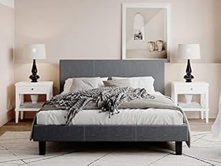 Panana 5FT King Size Bed Frame Upholstered Bed Platform with Headboard, Strong and Sturdy Slats Fabric Bed Frame, Grey, 83.8" L x 63.8" W