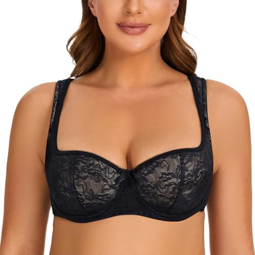 MELENECA Sujetador Balconet de Mujer con Tirantes Acolchados Encaje Sexy Aros Negro 115D