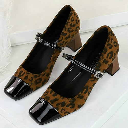 Meefit Women Leopard Mary Janes Square Toe Chunky Heel Pumps with Buckle Mid Heel Suede Mary Janes Shoes4