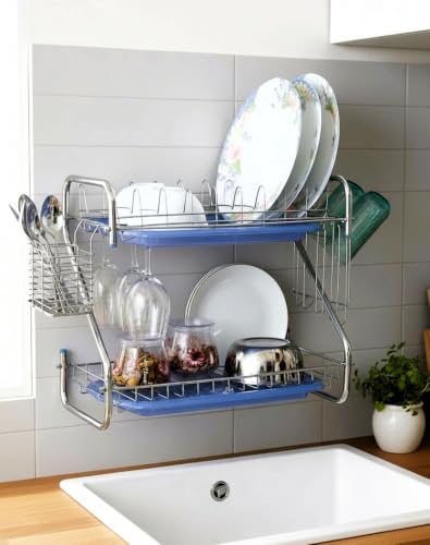 Image of AMOL Stainless Steel Kitchen Dish Rack | Rust-Resistant Utensil Stand with Glass & Spoon Holder | Wall Mountable Modular Kitchen Organizer (Made in India) (Height- 15 Inches)