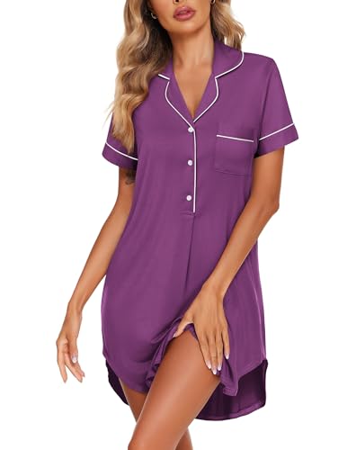 Image of Ekouaer Women's Nightgown Button Down Nightshirt V Neck Sleepshirt Short Sleeve Sleepwear Soft Pajama Dress