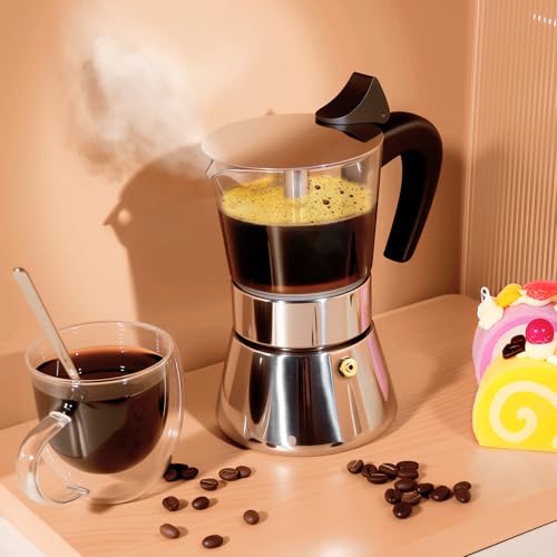 Image of Induction Moka Pot, 4 Cups (7.1 oz) Crystal Glass-Top & Stainless Steel Moka Pot, Classic Stovetop Espresso Maker, Silver