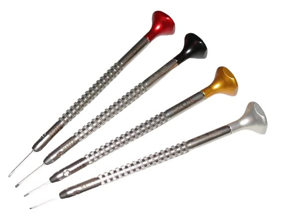 HOROTEC MSA01.218-G - Assortimento di 4 cacciaviti di orologiaio in custodia di plastica: 4 pezzi: Ø 0.60-0.80-1.00-1.20 mm - Swiss Made