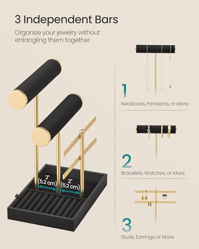 Image of SONGMICS Bracelet Holder Stand, Jewelry Display Stand, Jewelry Organizer, with 2 Tiers and Velvet Tray, Earring Organizer, Removable Ring Holder, Ink Black and Pale Gold UJJS046B101