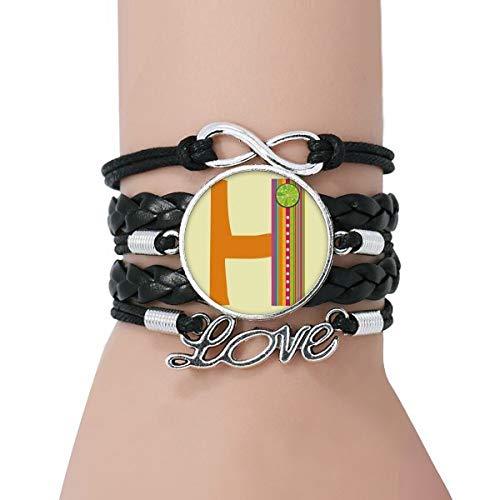 Bracelet Alphabet Fruit Orange H, Idée Cadeau Idéale en Cuir Noir Tressé pour Femme