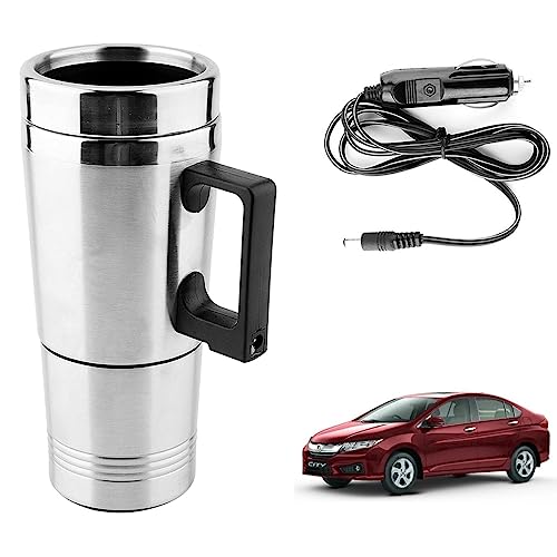 Image of Oshotto 12V Stainless Steel Car Heating Kettle /Mug, Travel Friendly electric Tea /Coffee maker Compatible with Honda City Ivtec (300ml) - Silver