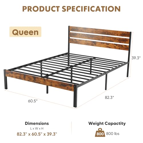 Image of NEWBULIG King Size Bed Frame with Headboard, 800LBS Mattress Foundation with All Sturdy Metal Support, Under Bed Storage, No Box Spring Needed, Easy Assembly, Classic Rust Brown