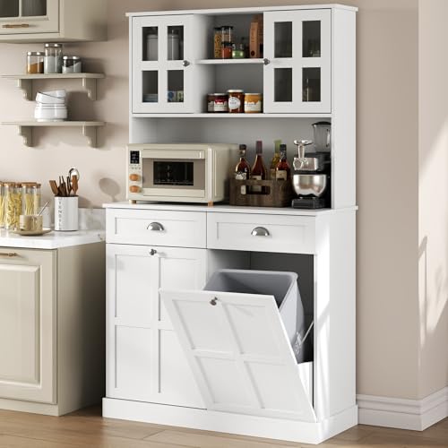 Kitchen Pantry with Trash Can Storage, 68'' Tall Kitchen Cabinets with Countertop, White Pantry Cabinet with Doors & 2 Drawers, Hidden Garbage Cupboard Hutch Microwave Cabinet with Storage for Home