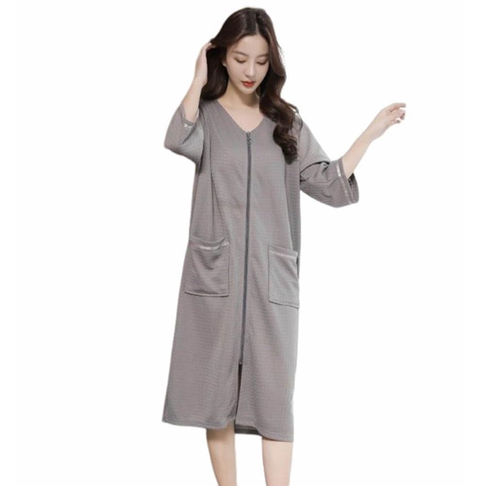 Bathrobe, Women's, Men's, Waffle Fabric, Front Opening, Knee Length, Spring, Summer, Thin, Bathrobe, Gown, 3/4 Sleeve, Zipper, Long Length, Sweat Absorbent, Quick Drying, Loungewear, Pajamas, Summer, 3XL grey (women)