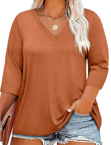 Halife Womens Plus Size Tops 3/4 Sleeve V Neck T Shirts Casual Loose Basic Tunic Tees XL-5X
