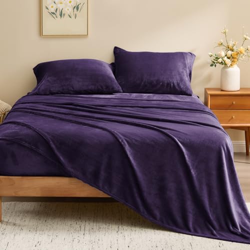 Image of BEDELITE Flannel Sheets Twin Size Purple - Super Soft Fleece Sheets Set Fluffy Extra Plush, 3 Piece(Include Fitted Sheet, Flat Sheet, 1 Pillowcase)