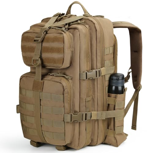 Image of REEBOW GEAR Military Tactical Backpack for Men 3 Day Survival Bag Tan | 40-45L Large Bag, Bottle Holder On the Side, MOLLE, for Outdoor Sports Hunting Hiking, Daypack Bug Out Rucksack Work Bag