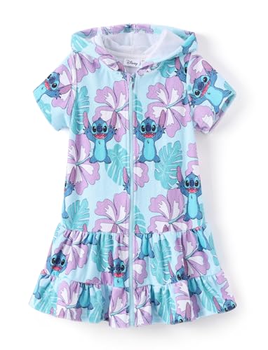 Disney Stitch Girls Swimsuit Cover Up for Swimwear Zipper Swim Coverup Terry Cloth Bathing Suit Wrap Towel Quick-Dry Swim Robe Dress Hooded Summer Beach Short Sleeve Ruffle Kid Blue 6-7 Years