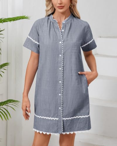 Image of Women's Summer Shirt Dress Short Sleeve Button Down Mini Tie Waist Belted Tunic with Pockets RIC Rac Trim