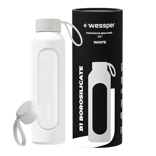 Wessper Botella de Agua Cristal, Botella 500 mililitros Motivadora con Escala de Hidratación, Botellas de Vidrio Borosilicato con Funda de Silicona, Material Seguro sin BPA- blanco