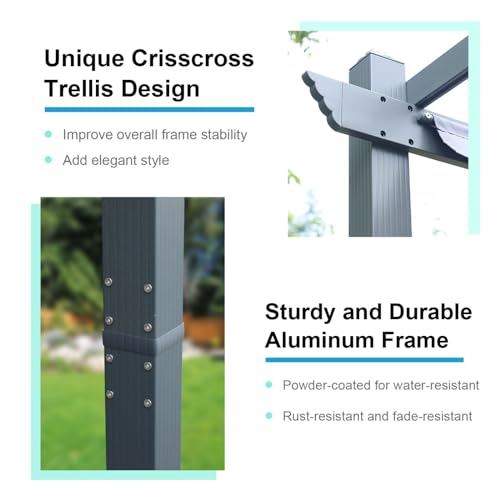 Aoodor 12 x 16 FT Outdoor Pergola with Retractable Shade Canopy, Dark Gray Matte Aluminum Frame, 2 Pieces Roller Shade Curtain, Grape Trellis Pergola for Patio Backyard and Deck - Gray