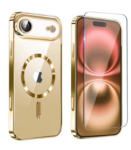 Image of Magnetic Glossy Case for iPhone 17 Air,iPhone 17Air Phone Case Slim Clear Luxury with Screen Protector & Camera Protector [Compatible with MagSafe], Shockproof Cover for iPhone Air 17-Gold