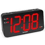 Sharp Digital Alarm Clock with Jumbo Numbers, Easy to See Large Numbers from Across Room with Simple Operation, Battery Back-up, Black Case with Red LED Display