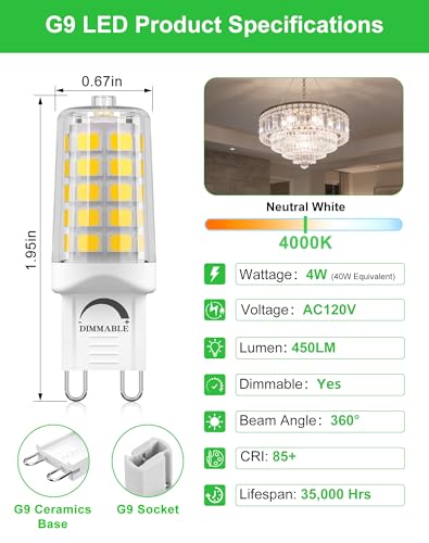 Image of G9 LED Bulb Dimmable 4W 4000K Neutral White 5 Pack | Replacement 40W G9 Halogen Light Bulb T4 Bi-pin Base 450LM Ceramic Base Great for Office, Reading, Kitchen, Desk Lamp