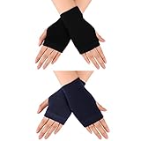 Blulu 2 Pairs Winter Fingerless Gloves for Women Wrist Arm Warmers Stretchy Cotton Knitted Thumbhole Gloves(Black, Navy Blue)