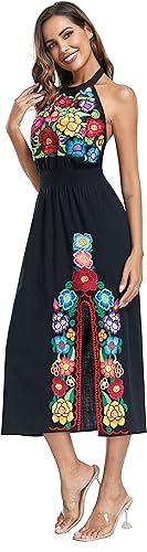 Image of Womens Mexican Floral Embroidered Halter Maxi Dress Side Slit Boho Dress