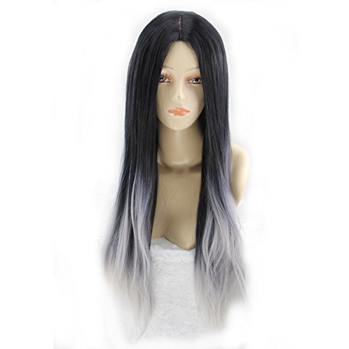 RightOn Hot Fashion Women Girls Black and Silver Grey Gradient Ramp Sexy Long Straight Wig Cosplay Costume Party Wig with Free Wig Cap and Comb
