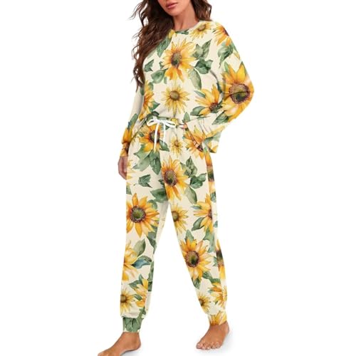 Image of Womens Lounge Set Long Sleeve Soft Pajama Sets | Casual 2 Piece Pj Outfit, Crewneck Sleepwear with Pockets, Adjustable Drawstring, Soft Comfy Fall Pajamas, Plus Size
