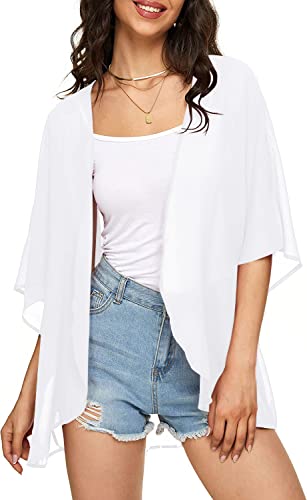 Image of Indian Trendy Women's Solid Puff Sleeve Kimono Cardigan Loose Cover Up Casual Blouse Top Chiffon