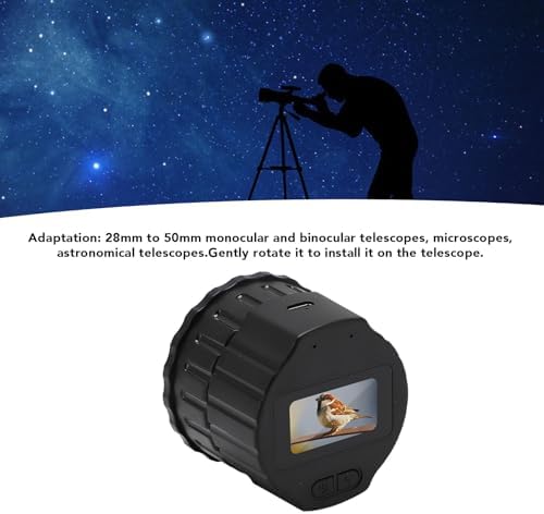 The electronic eyepiece camera shown next to a telescope, with text indicating compatibility with 28mm to 50mm optical instruments and instructions to gently rotate to install.