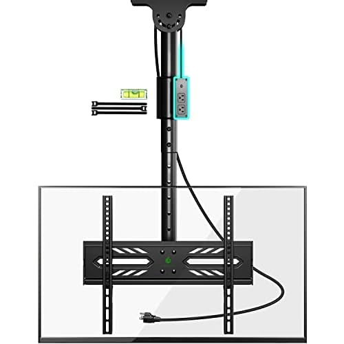 Greenstell Ceiling TV Mount with Power Outlet, TV Mount for 26-65 inch TVs, TV Ceiling Mount with 900J Surge Protection, Swivel, Tilt and 6 Height Adjustable, Max VESA 400x400mm, Holds up to 110Lbs