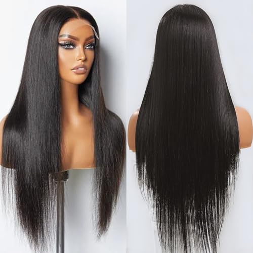 13x6 Lace Front Wigs Synthetic 24 Inch Long Straight Wigs Pre Plucked Natural Black Lace Frontal Wigs Glueless Wigs for Women Girls Daily Wear