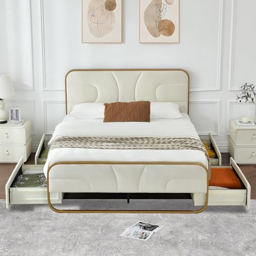 Queen Size Rounded Metal Upholstered Bed with , Velvet Platform Storage Bedframe with Headboard, Wooden Slats Support, No Box Spring Needed, Cream