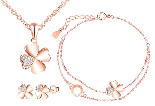 MICMIF Juegos de 3 Collar Pendientes y Pulsera para Mujer y Niñas, Colgante Trébol con Cadena 45cm, Aretes Trébol Circonita, Pulsera Trébol Oro Rosa, Plata de Ley 925 Conjuntos Joyas