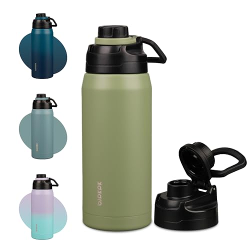 Image of BJPKPK 36 oz Insulated Water Bottle, Leakproof Stainless Steel Jug | Double Wall Vacuum, Keeps Hot /Cold, Dishwasher Safe, Wide Mouth, Spout Lid, Carry Handle, Travel & Hiking, Forest Green