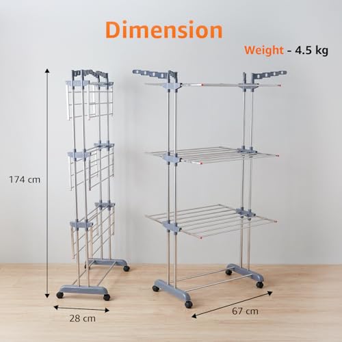 Image of amazon basics 3-Tier Stainless Steel Cloth Drying Stand | Foldable with Wheels | 5.8 ft Drying Space, 26 Rods, 16 Hanger Slots | Indoor & Outdoor Use | 174 cm