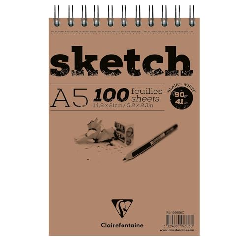 Clairefontaine 96606C - Skizzenblock Sketch mit Doppelspirale, DIN A5 14,8x21cm, 50 Blatt, ideal für Trockentechniken, 90g, Weiß, 1 Stück