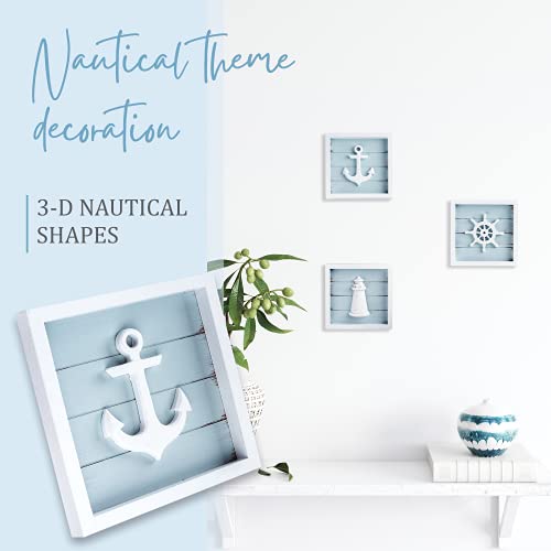 TideAndTales 3D Nautical Wall Decor (7"x7"), Coastal Theme Home Decorations with Anchor, Lighthouse and Ship Wheel, Rustic Ocean Inspired Bathroom Decor - Nautical Gifts - Framed Set of 3 - Image 2