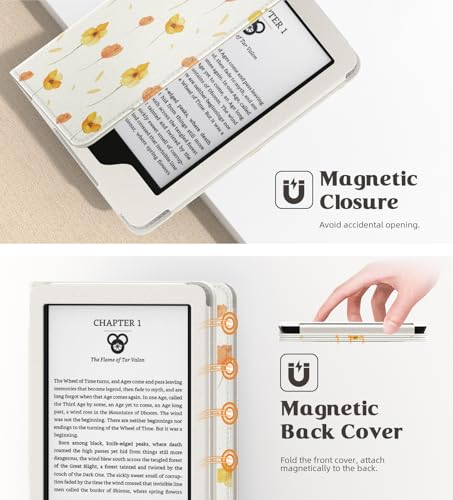 Image of MoKo Case for All-New 6 inch Kindle(11th Generation, 2024 /2022 Release) /(10th /8th Gen, 2019 /2016), Ultra Lightweight PU Shell Cover with Auto Wake /Sleep for Kindle 2024, Flower on White